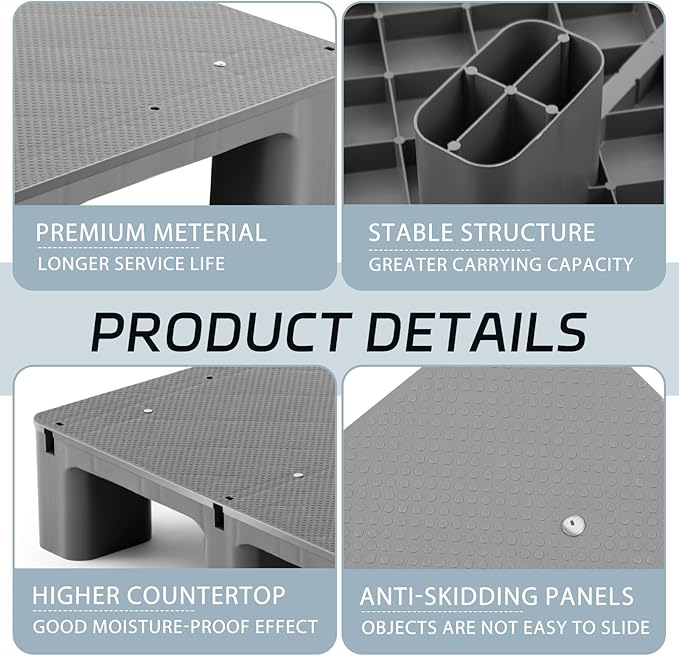 2 Pcs Plastic Pallet for Basement Storage Easy Stack Lightweight Floor Pallet Display Flooring Room Supermarket Christmas, Support up to 2000 Lbs (31.5'' L X 24'' W X 4.7'' H,Grey)