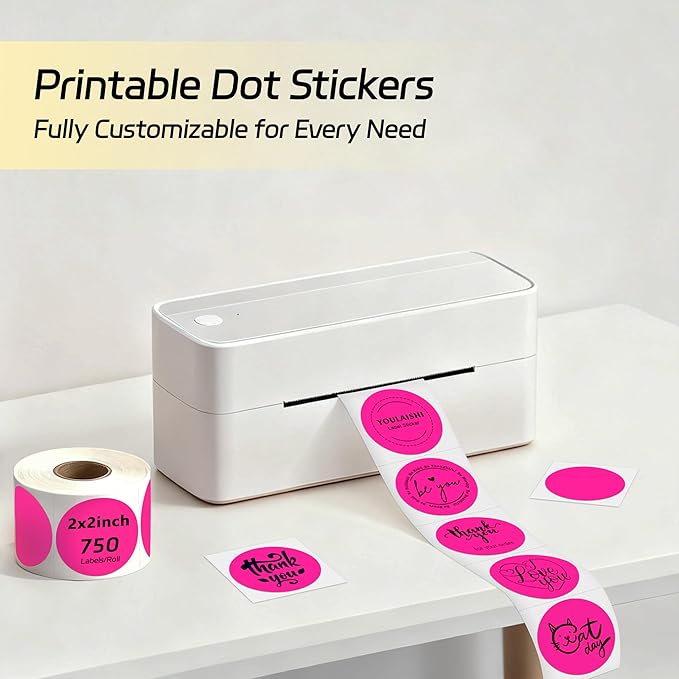 Dot Stickers Labels, 2 inch Circle Garage Sale Sticker 750Pcs Round Thermal Printer Stickers Printable Writable Price Labels for Yard Sale, Fluorescent Pink