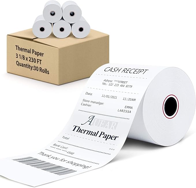 3 1/8" x 230' (30 Rolls) Thermal Receipt Paper, 80mm BPA Free Point of Sale Cash Register Paper for POS System - AUEAR