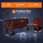 48" L Collapsible Beach Wagon Cart Foldable, 560lbs Weight Capacity 300L Heavy Duty Folding Wagons with Big All-Terrain Wheels, Utility Carts for Groceries, Shopping, Camping, Sports - Red