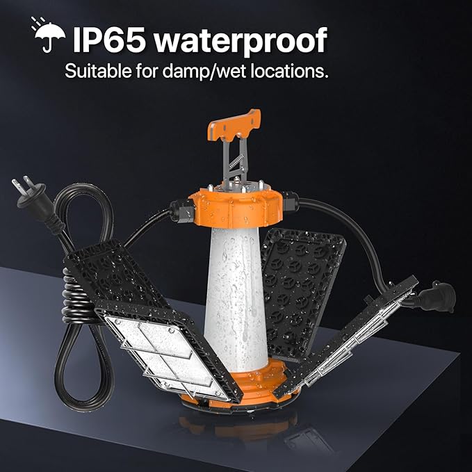 LED Temporary Work Light: 100W 15000Lumen with Brightness Adjustable Switch, 4 Deformable Panels Linkable Hanging Work Light, Portable 5000K Led Work Light for Workshop Construction Site Garage