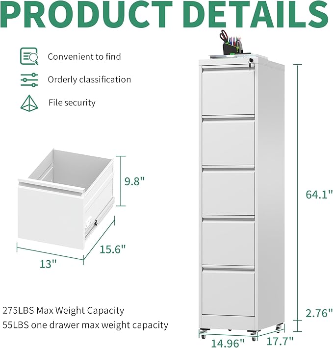 5 Drawer Mobile File Cabinet, Under Desk File Cabinet,Metal Filing Cabinets with Lock for Home Office Organizer Letter/Legal/A4,Require Assembly (Black)