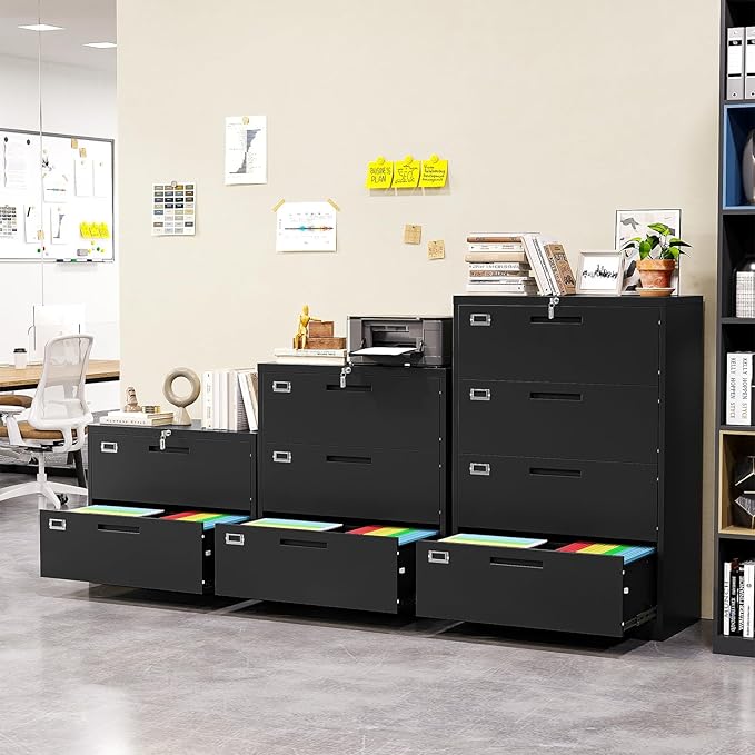 File Cabinet 4 Drawer, Lateral Filing Cabinet with Lock, Metal File Cabinets for Home Office, Office Cabinet for Hanging Files Letter/Legal/F4/A4, Assembly Required, Black