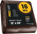 PROTARP Extra Heavy Duty 16 Mil Tarp Cover, Waterproof, UV Resistant, Rip and Tear Proof, Poly Tarpaulin with Reinforced Edges for Roof, Camping, Patio, Pool, Boat. (Brown/Black 12′ X 25′)