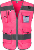 TCCFCCT Pink Safety Vest for Men Women 9 Pockets High Visibility Reflective Vest for Safety, Work Vest with Reflective Strips, Meets ANSI/ISEA Standards, X-Large