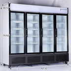 Commercial Beverage Refrigerator Display Fridge,85 Cu Ft Four Glass Door Upright Merchandiser Drink Cooler with LED Light Adjustable Shelves,ETL Approval,80" Wide,Wheels Included