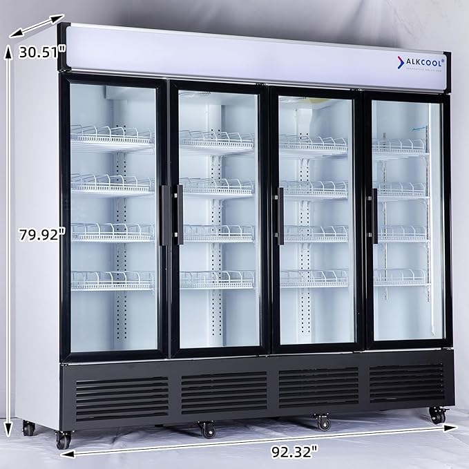 Commercial Beverage Refrigerator Display Fridge,85 Cu Ft Four Glass Door Upright Merchandiser Drink Cooler with LED Light Adjustable Shelves,ETL Approval,80" Wide,Wheels Included