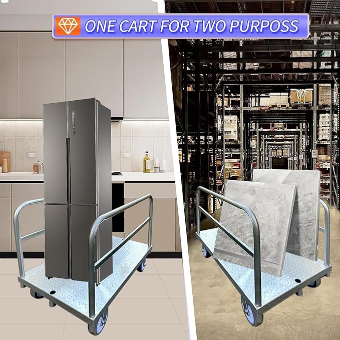 Heavy Duty Lumber Drywall Dolly, Steel Panel Truck Cart Platform Truck, 6" Swivel Brake Casters, 3 Side Handrails, Hold up to 2000lbs (39" x 24")