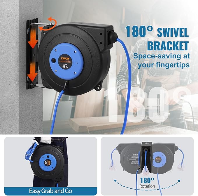 VEVOR Retractable Extension Cord Reel, 45 FT, Heavy Duty 12AWG/3C SJTOW Extension Power Cord with Lighted Triple Tap Outlet, 15A Circuit Breaker 180° Swivel Bracket for Ceiling or Wall Mount, Blue
