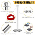 kaiyomi 4Pcs Stanchions with Red Velvet Ropes Set, 5 Feet Velvet Ropes and Posts Poles for Red Carpet Party Decoration and 360° Photo Booth (Silver)