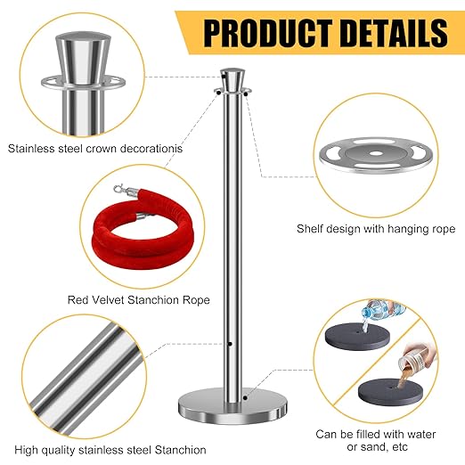 kaiyomi 8Pcs Stanchions with Red Velvet Ropes Set, 5 Feet Velvet Ropes and Posts Poles for Red Carpet Party Decoration and 360° Photo Booth (Silver)