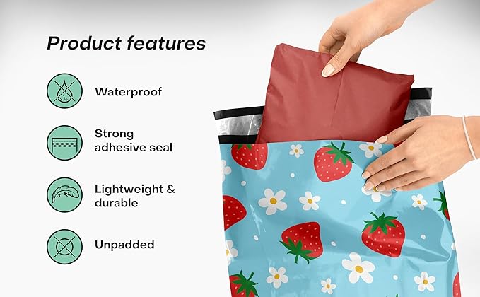 10x13 Poly Mailers – Summer Strawberries – Waterproof, Tear-Resistant Shipping Bags with Adhesive Seal – 100 Pack – Package Mint