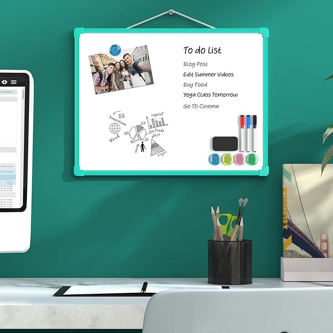 MaxGear Double-Sided Dry Erase Board for Wall, 16"x12" Hanging Whiteboard, Small Dry Erase White Board kit, Portable Whiteboard for Planning, Drawing, Memo, to Do List, Green Frame