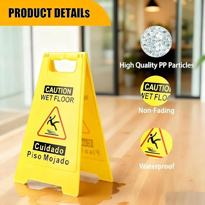 2 Pack Caution Wet Floor Sign, 24" Height, Bright Yellow, Double-Sided A-Frame Safety Caution Sign Commercial, Bilingual Caution Message
