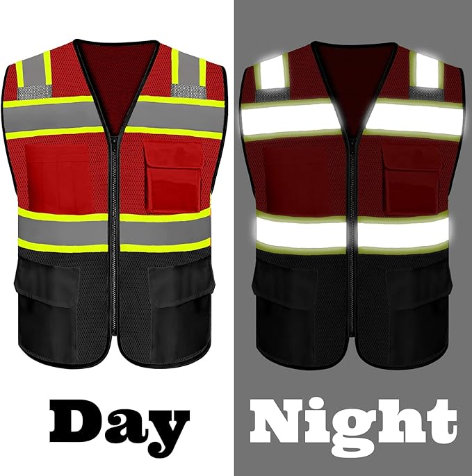 Safety Vest Reflective High Visibility with 5 Pockets ＆Zipper Class 2 Adult Unisex Construction Security Workwear