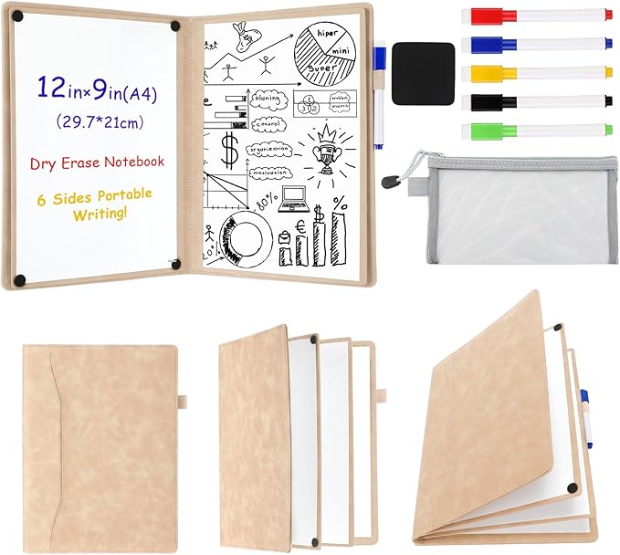 6 Sides Whiteboard Notebook Portable Whiteboard Dry Erase Notebook Portable Dry Erase Board Double Sided Folding Whiteboards White Board for Office Study Meeting(Khaki,A4: 9"×12”)