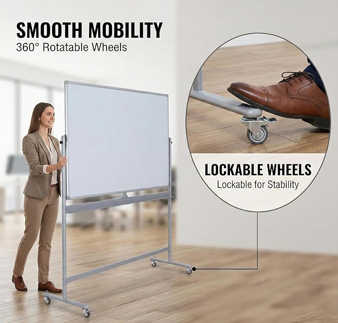 Double-Sided 72" x 48" Mobile Whiteboard, Extra Large Rolling Magnetic Dry Erase Board with Stand, Height Adjustable White Board Easel for Office, Classroom & Home