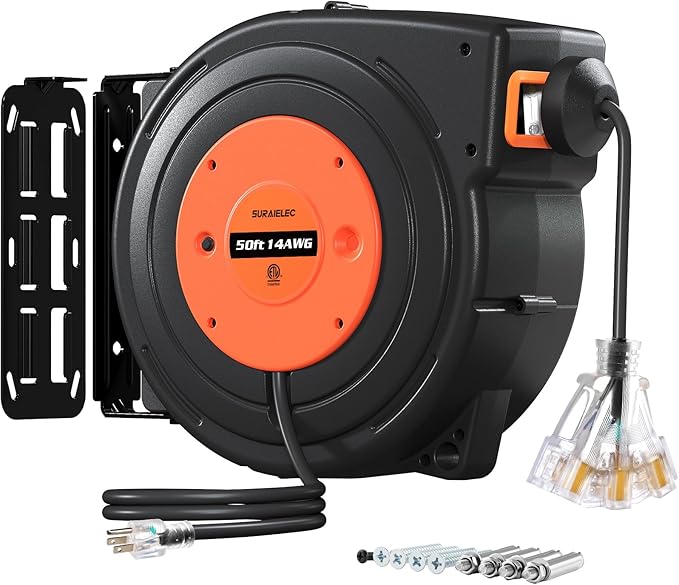 SURAIELEC 50FT Retractable Extension Cord Reel, 14AWG/3C SJTOW Heavy Duty Power Cord with Lighted Triple Tap, 13A Circuit Breaker, Ceiling/Wall Mount for Garage, Shop, Workshop, ETL Listed, Orange