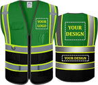 BeautyWill Custom Safety Vest Customized Logo Mesh Vest Class2 High Visibility Reflective Vest with Pockets Workwear（Green Black，L ）