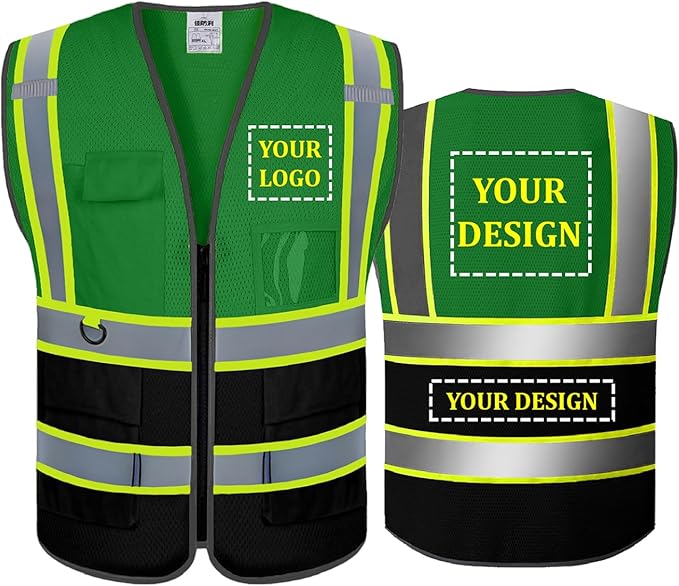 BeautyWill Custom Mesh Safety Vest Customized Logo Class2 High Visibility Reflective Vest with Pockets Construction workwear（Green Black，4XL ）