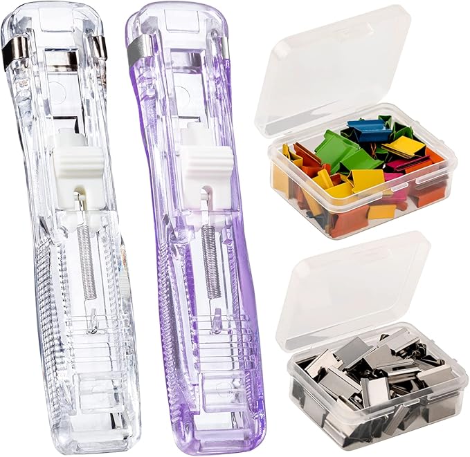 Reusable Portable Paper Clam Clip Dispenser 40 Sheet Capacity-2Pcs Dispenser 100 Metal Refill Clips (50 Silver + 50 Color) for Home School Desk Office (Lilac)