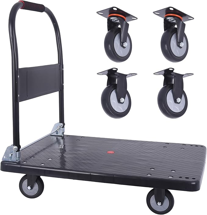 Hand Cart 660 lbs, Push Cart Dolly Black, Capacity Platform Truck Foldable Platform Cart Upgraded Heavy Duty Moving Cart with PU Wheels for Home Garden Warehouse Garage Workshops