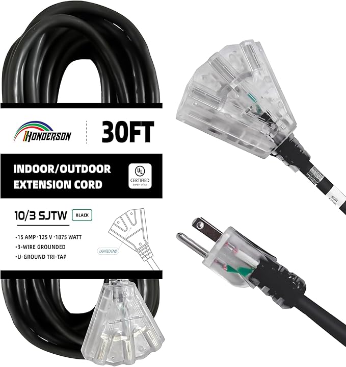 3-Outlets Indoor Outdoor Extension Cord Weatherproof with Lighted End, UL Listed, 10 Gauge 30FT Black 3 Prong Heavy Duty, 10/3 SJTW 15A Power Cord