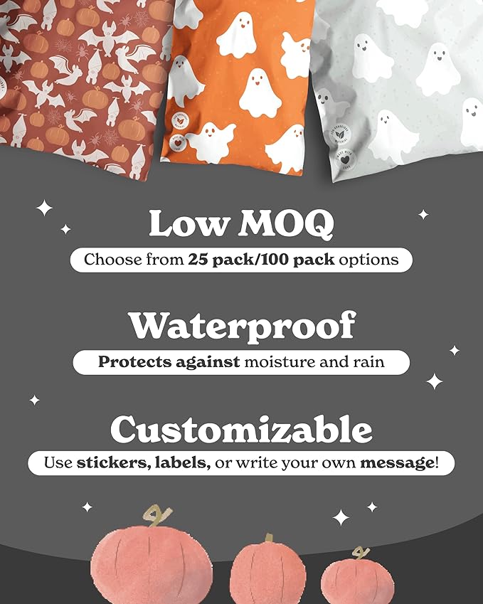Impack Biodegradable Mailers - Flat Shipping Bags, Waterproof-Printed Mailing Bags-Thick Mailing Envelope for Accessories & Clothing, Self Sealing Envelope (Halloween Bats 25pack, 10x13 Inch)
