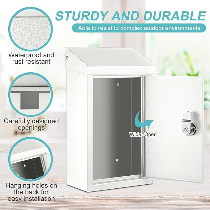 Metal Mount Wall Donation Box Key Lock Money Cash Drop Box with Top Slot and 2 Pcs Reflective Sign 10 x 5.5 x 3 Inch Safe Lock Mailbox with 2 Keys for Outside Office Business Home(White)