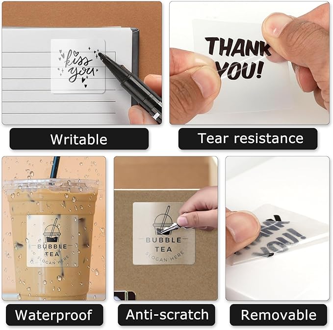 Clear Thermal Labels Vinyl 2 × 2 Inch Self-Adhesive Square Stickers Roll Waterproof Printer Direct Decals Package Seal for QR Code Envelope Office Retail Home 300 PCS