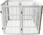 Pet Dog Gate Strong and Durable Freestanding Folding Acacia Hardwood Portable Wooden Fence Indoors or Outdoors by Urnporium (White Pet Gate, 8 Panel 30" Tall)