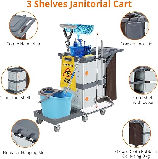 GarveeHome Commercial Janitorial Cart with 2 Cabinet, Traditional 3-Shelf Cleaning Cart On Wheels with Cover and Vinyl Bag, for Housekeeping Hotels Apartment