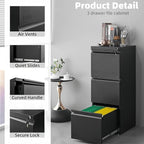 Vertical 3 Drawer File Cabient with Lock, Metal Filing Cabinets for Home Office, Heavty Duty Office Storage Cabinet for A4/Letter/Legal (Matte Black)