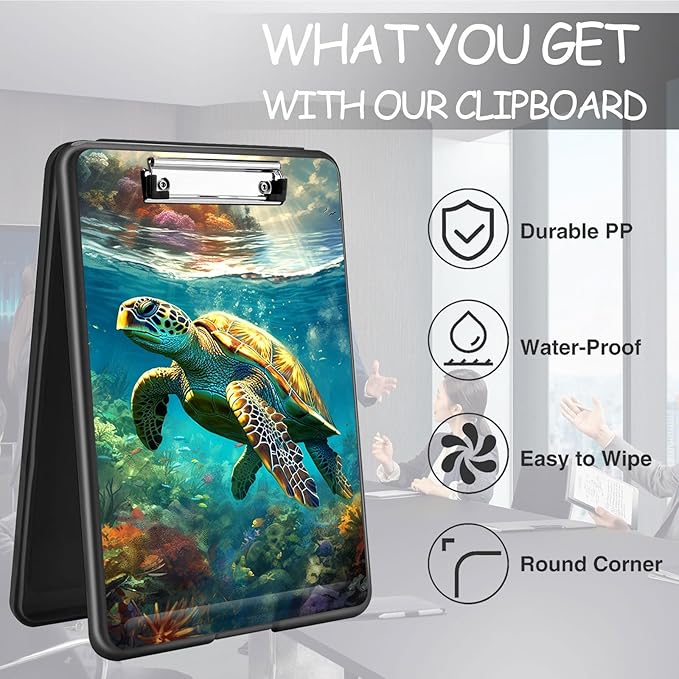 Clipboard with Storage, High Capacity Plastic Storage Clipboard with Pen Holder for Women Teachers Work, School & Office Supplies, Cute Pattern Decorative Clipboards, Sea Turtle