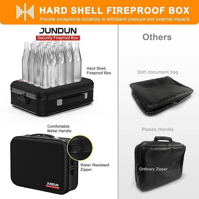 JUNDUN Fireproof Document Box,Hard Case Fireproof Document Organizer with Lock，Home Travel Portable Fireproof Safe Storage Box Case for Letter Size Documents,Files,Papers and Passport,Black