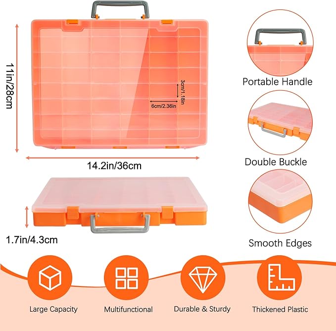 48 Grids Large Plastic Organizer Box with Adjustable Dividers, Beads Storage Containers Compartment Tackle Box Case for Crafts Hobby Small Parts Fishing Seeds Jewelry (Orange)