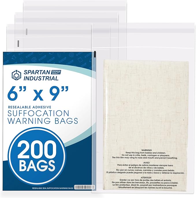 Spartan Industrial - 6” X 9” (200 Count) Self Seal Clear Poly Bags with Suffocation Warning for Packaging, T Shirts & Shipping- Resealable Glue