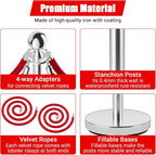 4Pcs Stanchions and Cords Silver Stainless Steel Crowd Control Barriers with 2 Red 4.92Ft Satin Cords Fillable Sand Base No-Tool Assembly for Wedding Party Museum Hotel Exhibition