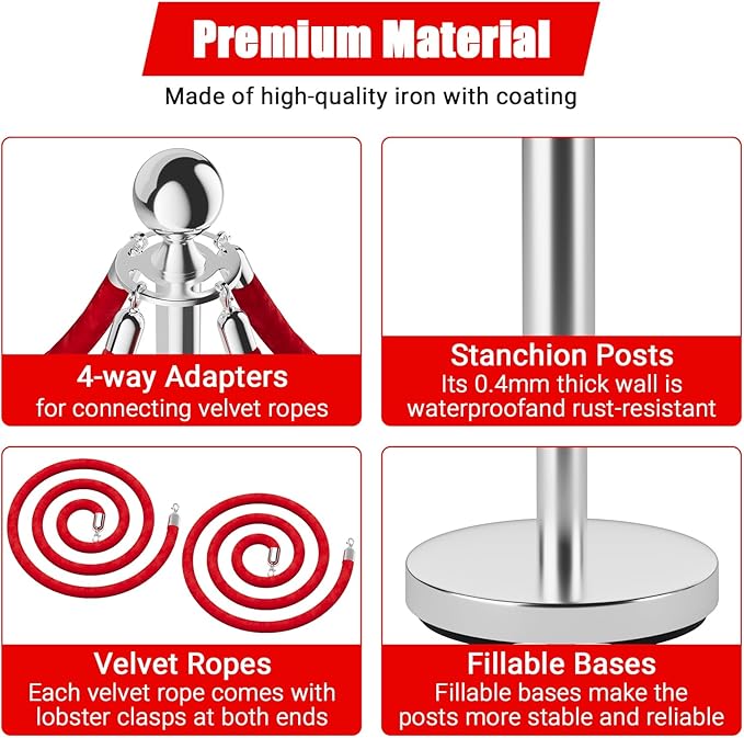 4Pcs Stanchions and Cords Silver Stainless Steel Crowd Control Barriers with 2 Red 4.92Ft Satin Cords Fillable Sand Base No-Tool Assembly for Wedding Party Museum Hotel Exhibition