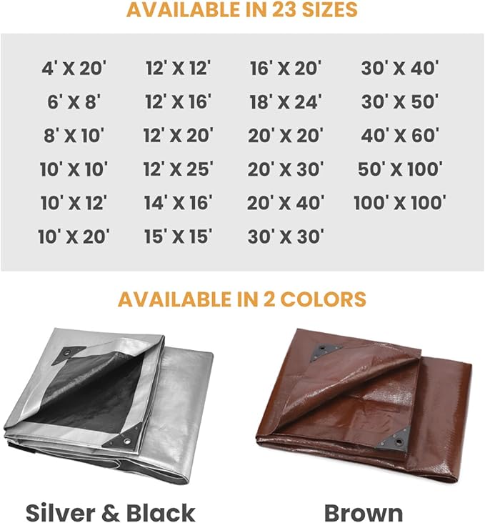 WHITEDUCK Super Heavy Duty Poly Tarp Cover 16 Mil & 10 Mil with Grommets and Reinforced Edges (Brown, White & Silver Black) (Brown- 16 Mil, 6' x 8')