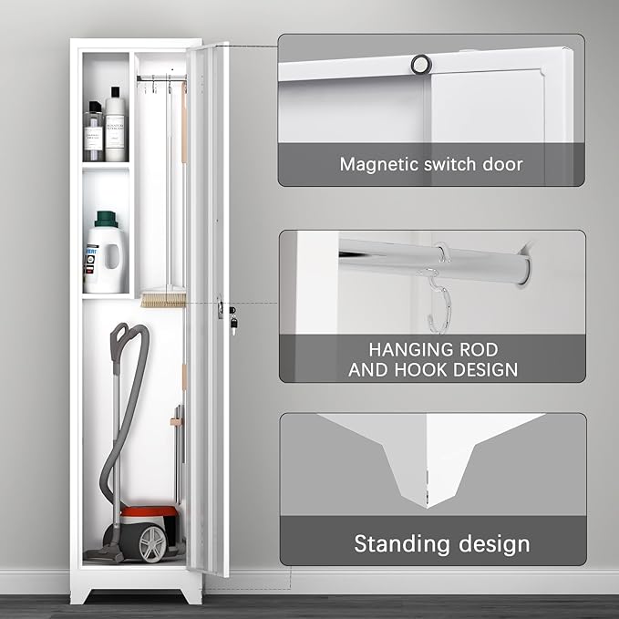 LUCYPAL Broom Closet Storage Cabinet,65" H Metal Cleaning Tool Cabinets with Hooks and Hanging Rods,Slim Utility Closet Cabinet for Garage,Utility Room,Gym,Mops,Kitchen,White