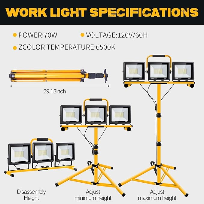 21000 Lumen Work Lights with Stand, 3 Adjustable Head LED Work Light, with Adjustable and Foldable Tripod Stand, Waterproof Lamp with Individual Switch with 6500 Kelvin Color (3-Head-Yellow)