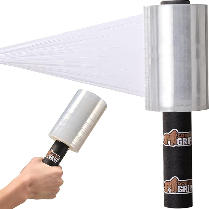 GORILLA GRIP 500% Shrink Wrap Roll with Handle, 5" 1000ft Plastic Wrap Stretch Film, Puncture Resistant Industrial Strength Moving Supplies, Pallet Storing, Packing Furniture Protection, 1 Pack Clear
