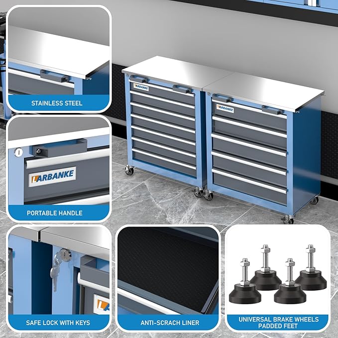 LARBANKE Metal Storage Cabinet System with Lock and Keys,Storage Cabinet System with 3 Wall Cabinet,One 5-Drawer Tool Chest and One 7-Drawer Tool Chest,Universal Brake Wheel &Padded Feet Attached