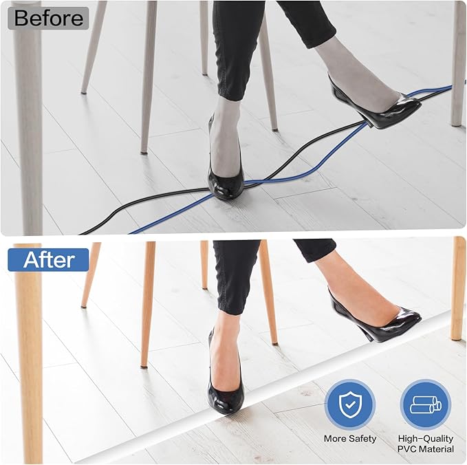 Floor Cord Cover Self Adhesive Cord Hider Floor Extension Cord Covers for Floor Power Cord Protector Cable Management Prevent Cable Trips Cable Cavity 0.59" W x 0.31" H (White, 10Ft)