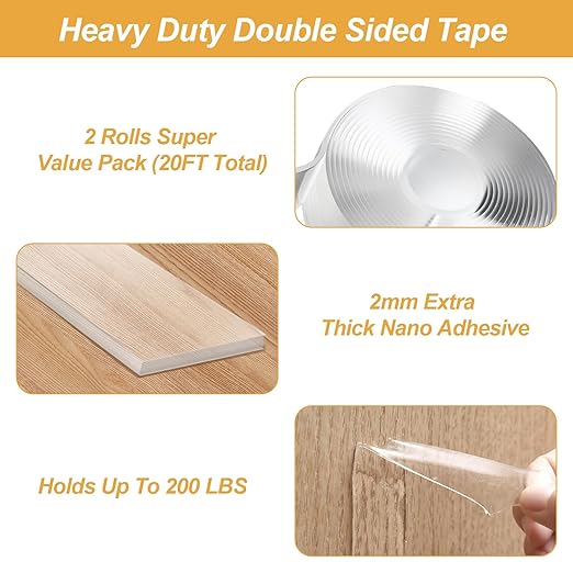 Alocs Double Sided Tape Heavy Duty, Extra Large Nano Adhesive Tape Wall Decor, Clear Mounting Tape Picture Hanging Strips, Removable Wall Tape Sticky Poster Tape(2 Pack, Total 20 Feet)
