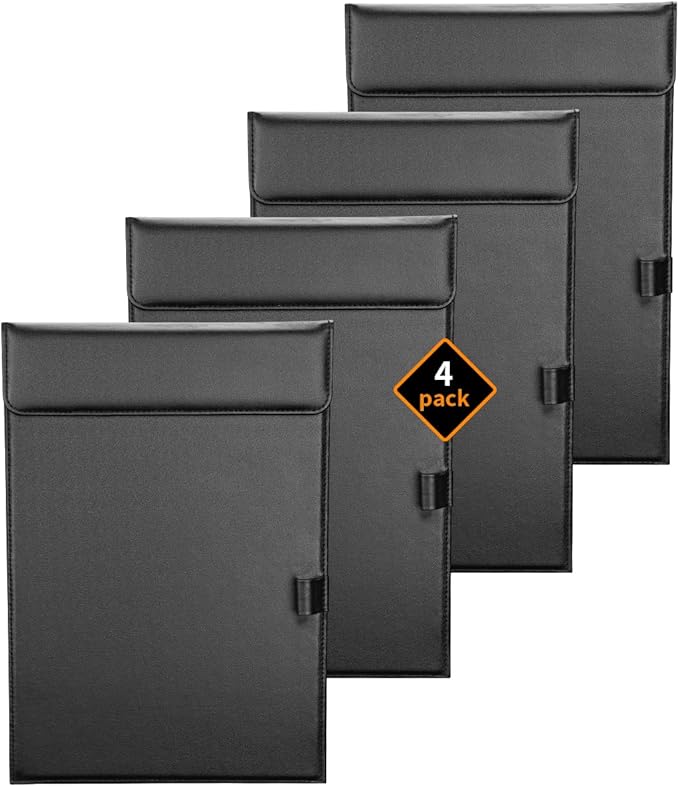 KINGFOM PU Leather Hardboard Office Clipboard, Magnetic Clip A4 Letter Size Clip Boards with Pen Holder for Nurses, Students, Teacher Black 4 Pack