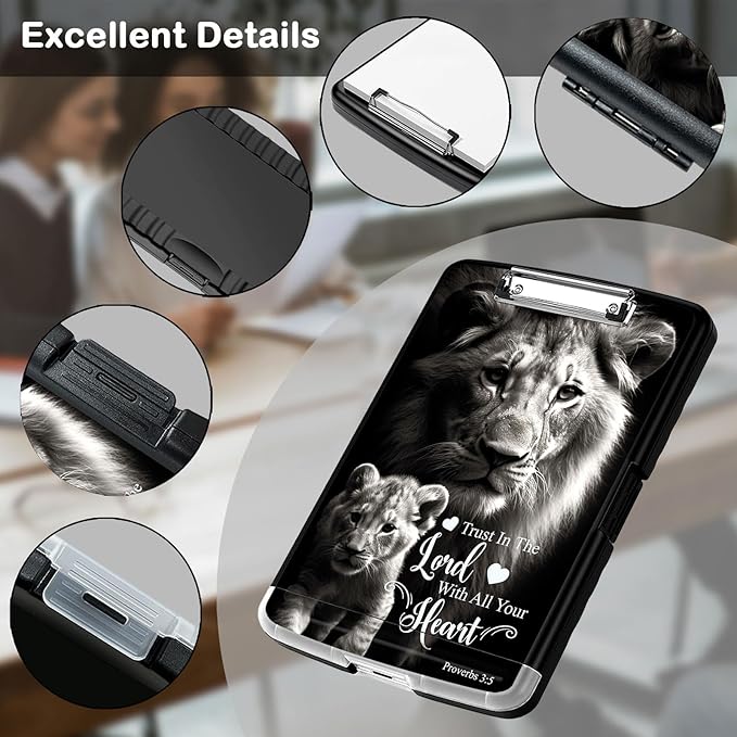 Clipboard with Storage,Office Supplies Nursing Clipboards Folder with Pen Holder Plastic Storage ClipBoard Foldable for Teacher Nurse,Lion Proverbs 3:5