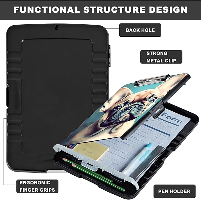Clipboard with Storage,Heavy Duty Plastic Storage Clipboard with Low Profile Clip,Teacher Must Haves,Office Supplies,French Bulldog