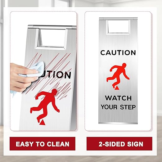Tandefio 2 Pcs Stainless Steel Wet Floor Sign 24 Inch Caution Watch Your Step Signs Double Sided Foldable Commercial Safety Warning Industrial Warning Signs for Office Hotel Market Restroom Restaurant